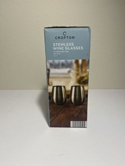 NEW in Sealed Box Crofton Stainless Steel Set of Two Stemless Wine Glasses Gold