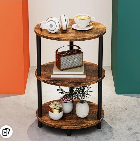 Small Round Side Table - 3-Tier Oval Accent Table for Small Spaces, Rustic Wood and Metal Couch End Table, Nightstand for Bedroom or End Table Living