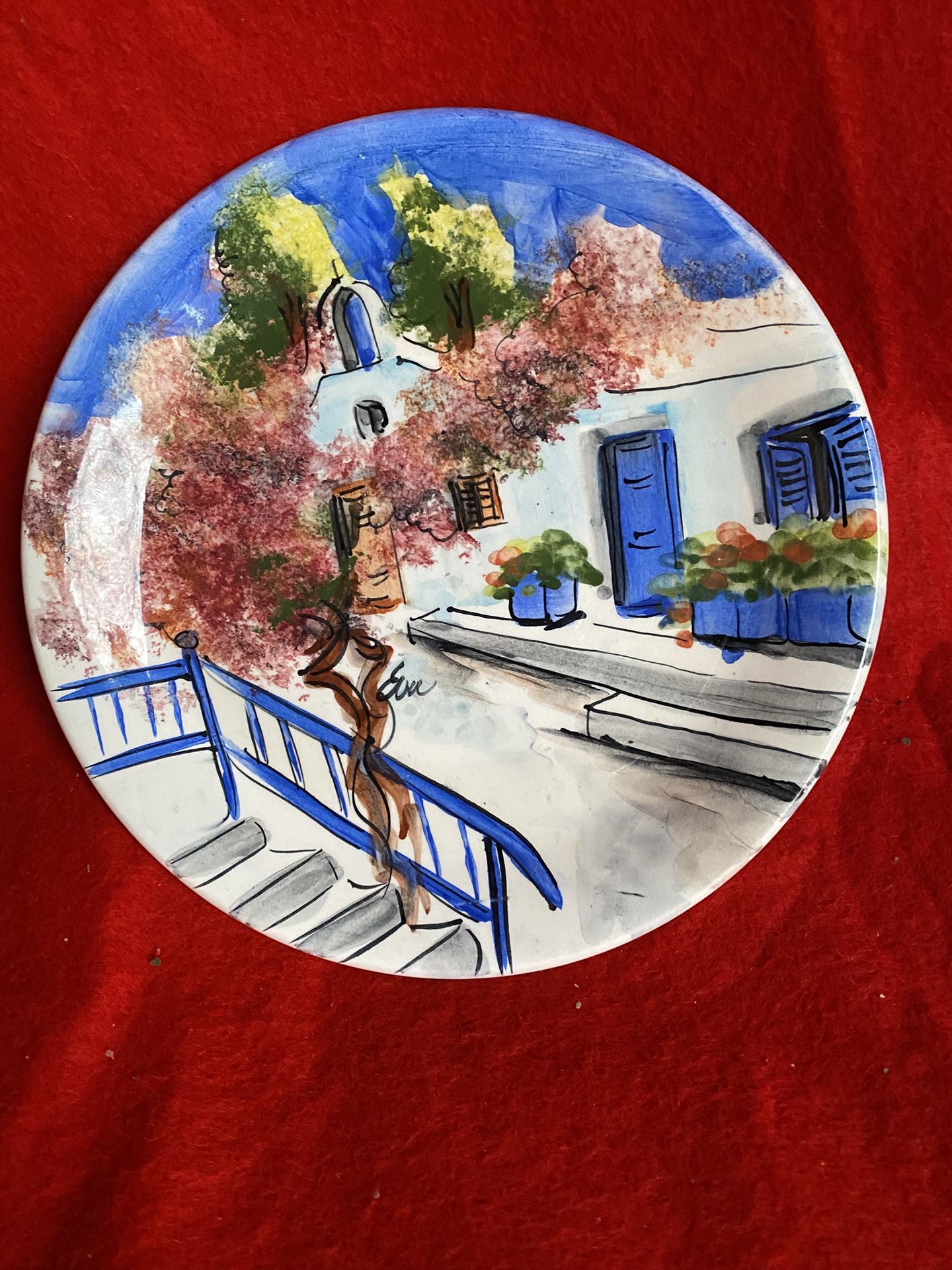 7.5 Inch Handmade Hand Painted Blue Ceramic Wall Hanging Plate Imported From Greece