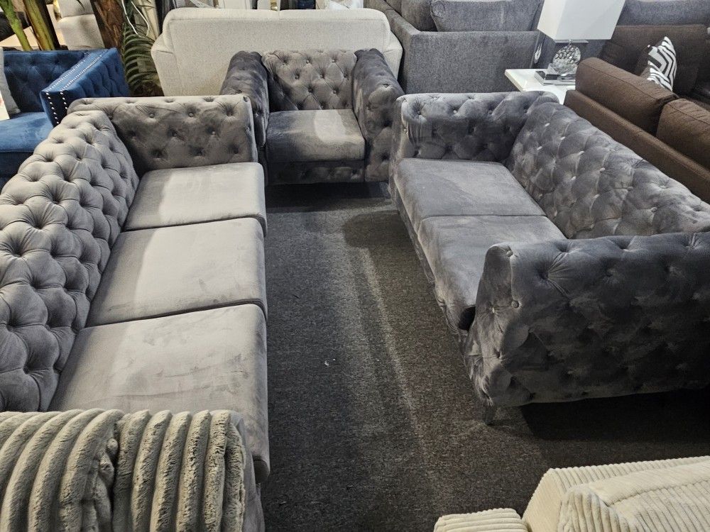 Brand New Tufted Gray Velvet Firm Sofa + Loveseat + Chair 3PCs Set