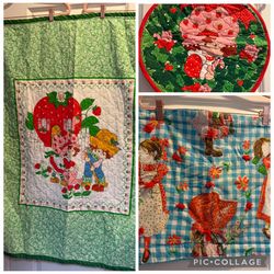 Vintage Strawberry Shortcake Crib Quilt, placemat & Holly Hobbie babydoll blanket