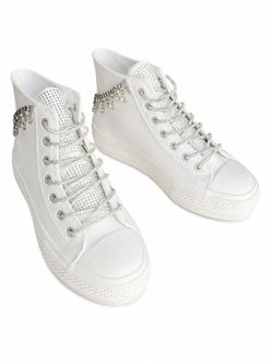 New Azalea Wang Womenās White High-Top Sneakers with Rhinestones, 8 & 10