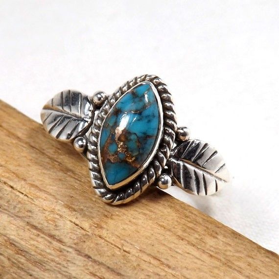 Unique 925 Sterling Silver Marquise Cut Retro Crack Turquoise Leaf Ring