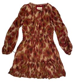 Anthropologie Somerset Mini Dress Long Sleeve Red Tan Ikat Print Size S