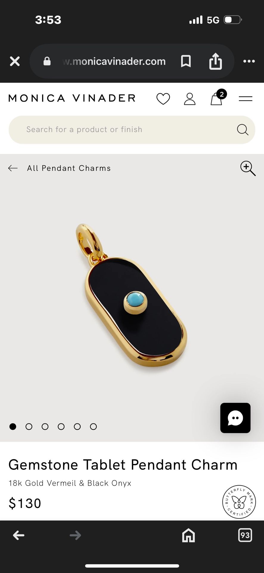 Monica Vinader Gemstone Tablet Pendant Charm 18k Gold Vermeil & Black Onyx