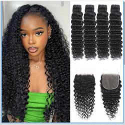 Deep Wave Human Hair Bundles with Closure 16 18 20 22+14 Inch 5x5 HD Lace Closure 15A Deep Curly 4 Bundles Human Hair More Full and Thick 100 Brazilia