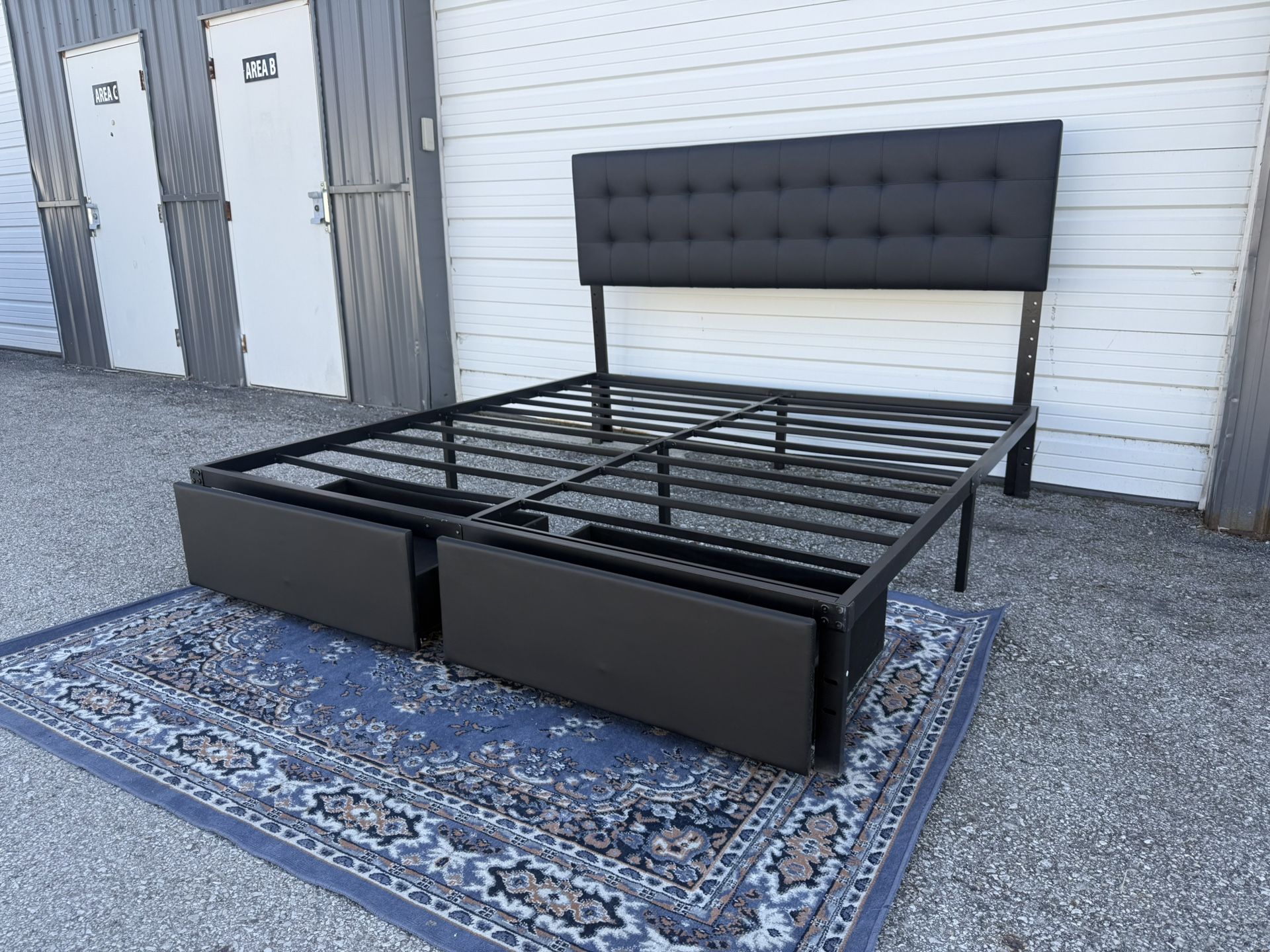 King Size Platform Bed Frame With Headboard And 2 Storage Drawers