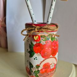 Hand painted and decoupaged apple jar and spoon set