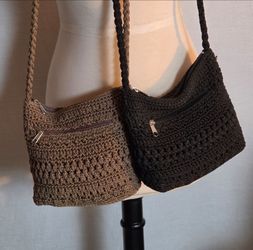 Lina Crocheted Boho Crossbody Shoulder Bags ~ Set of 2 ~ Taupe and Black