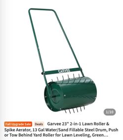 Garvee 23" 2-in-1 Lawn Roller & Spike Aerator, 13 Gal Water/Sand Fillable Steel Drum, Push or Tow Behind Yard Roller for Lawn Leveling, Green