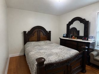 Queen size bed frame headboard dresser mirror chest solid wood good condition Mattress not included