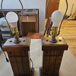 Vintage Wooden Lamps With Shades 