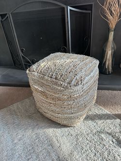 Mercana Aadhya Square Pouf Ottoman - Taupe & Silver Woven Leather / Cotton