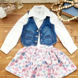 SIZE 6 GIRLS 3-PIECE WHITE COLLAR BUTTON DOWN LONG-SLEEVE W/DENIM VEST & PINK & BLUE FLORAL SKIRT