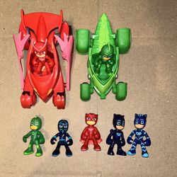pj masks toy lot of 7 figurines and 2 vehicles