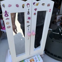White Wooden Doll Closet for 18 Inch Dolls, Armoire Wardrobe with Acrylic Mirror & 6 Hangers, Storag