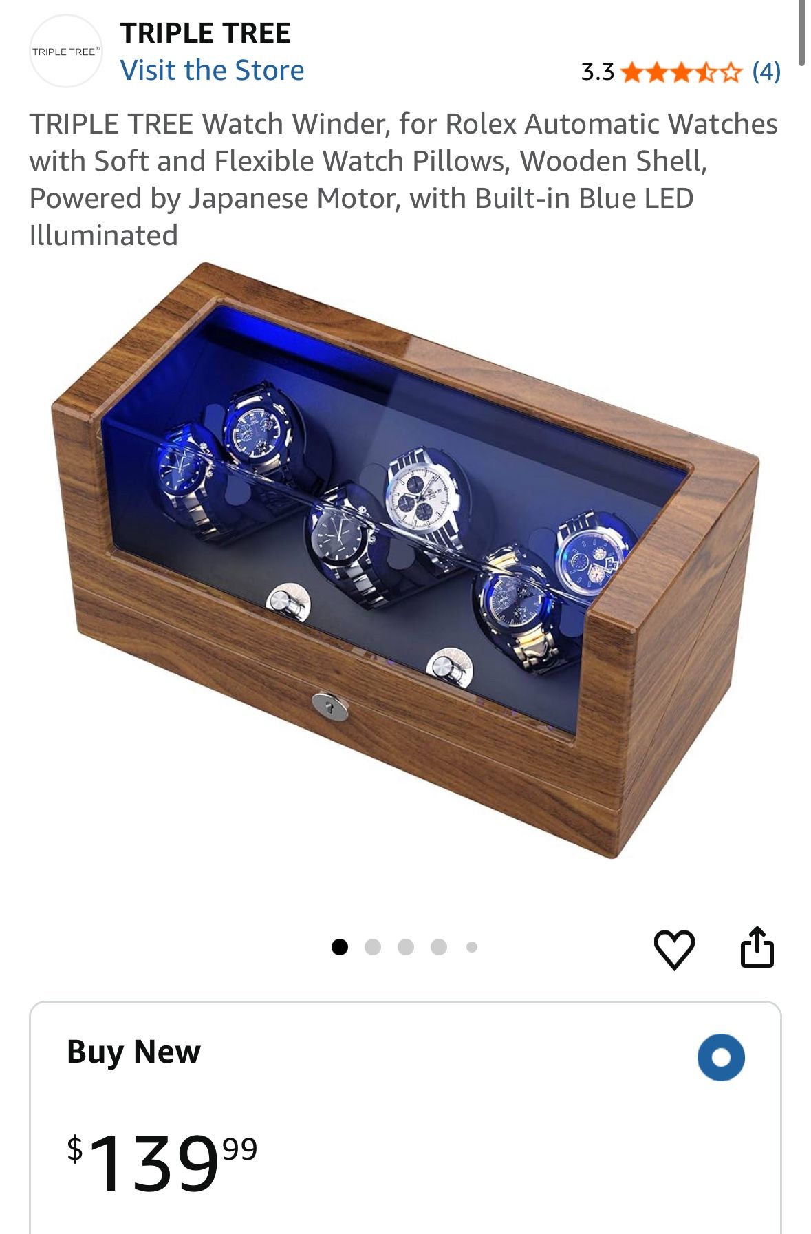 TRIPLE TREE Watch Winder, for Rolex Automatic Watches with Soft and Flexible Watch Pillows, Wooden Shell, Powered by Japanese Motor, with Built-in Blu