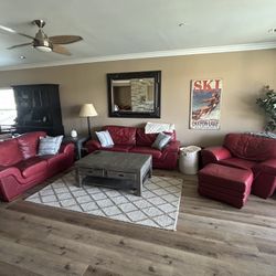 Red Leather Couch/Love Seat And Chair