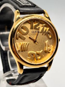 Guess Gold-Tone Watch with Black Leather Strap