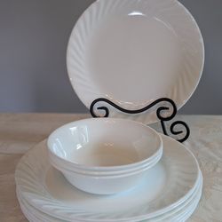 Corelle White Swirl Dinnerware – 12-Piece Set (9 Plates, 3 Bowls) – Made in USA