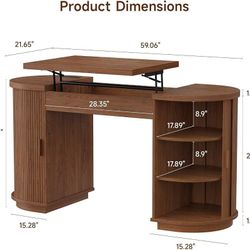 59 Inches Office Desk with Lift Top, Fluted Executive Desk Walnut Home Office Desk w/Charging Outlets, Mid-Century Modern Computer Desk with Storage, 