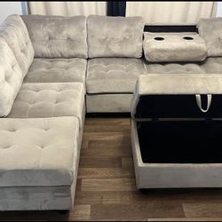 Brand New Grey Velvet Sectional With Storage Ottoman
