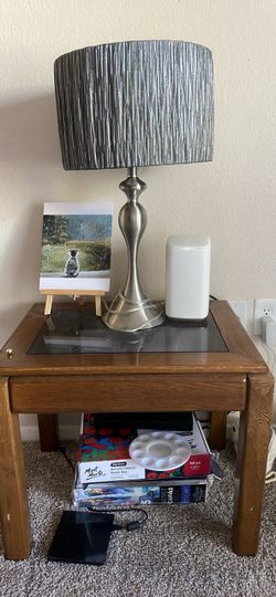 End Table with Table Lamp with Gray Drum Shade