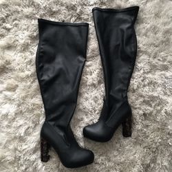 Black Faux Leather Thigh High Heel Boots w/ Tortoise Accents
