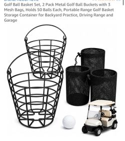 Golf Ball Basket Set, 2 Pack Metal Golf Ball Buckets with 3 Mesh Bags, Holds 50 Balls Each, Portable Range Golf Basket Storage Container for Backyard