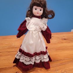 Porcelain Doll 14 inch ~ Includes Metal Stand, Maroon & Ivory Dress, Brown Hair
