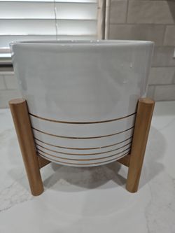 White Ceramic Planter with Wood Stand