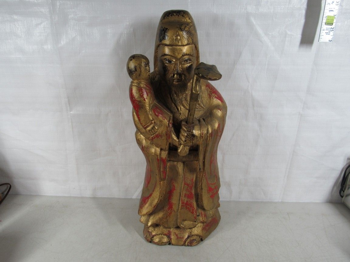 Chinese Confucius Guardian Hand Crafted Vtg. Wood Sculpture 20" Tall