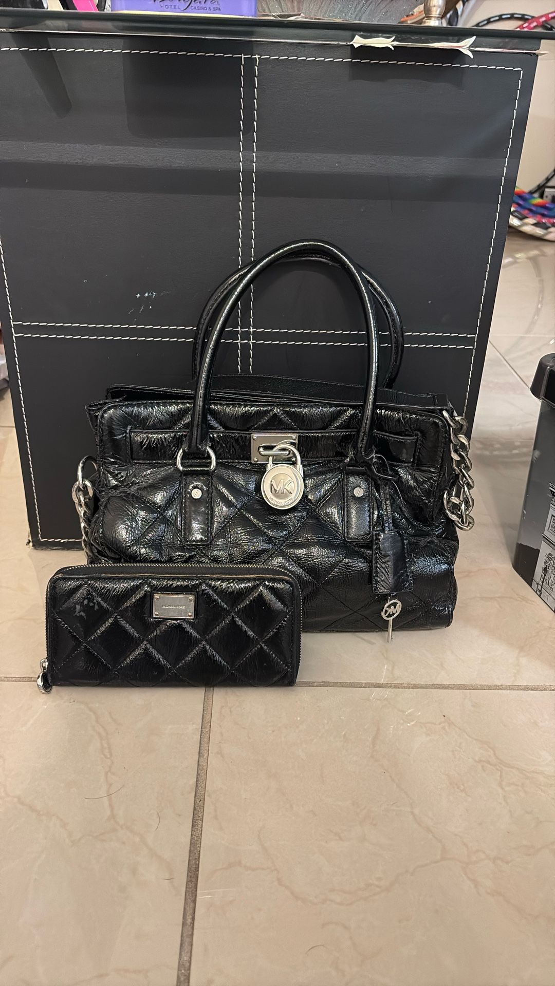 Michael Kors Quilted Patent Leather Handbag w/ Matching Wallet (authentic)