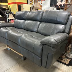 Powered Reclining Grey Leather Couch