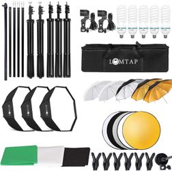 LOMTAP Backdrop Stand Green Screen Photography Lighting Kit 3 Soft Boxes 5 Photo Umbrellas 5in1 Reflector Accessories for Video Equipment Studio Light
