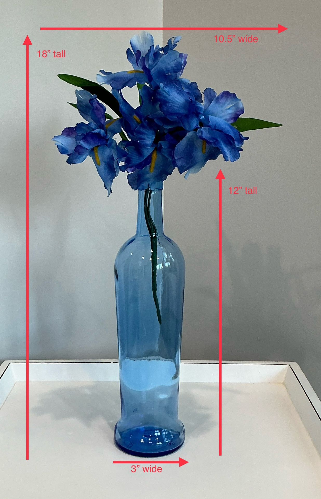 Thick Blue Glass Bottle with Faux Iris Floral