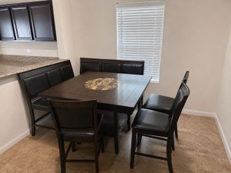 Dark Wood Counter Height Dining Table Set with Bench & 4 Chairs