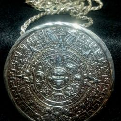 Taxco 925 Silver Large Aztec Calendar Disk With Chain