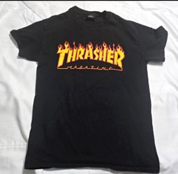 Thrasher Flame Logo Black Cotton T-Shirt Short Sleeve Size S Skateboarding
