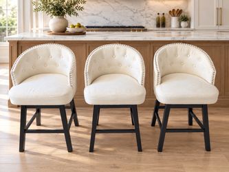 Set of 3 Tufted Upholstered Bar Stools / Counter Stools with Nailhead Trim