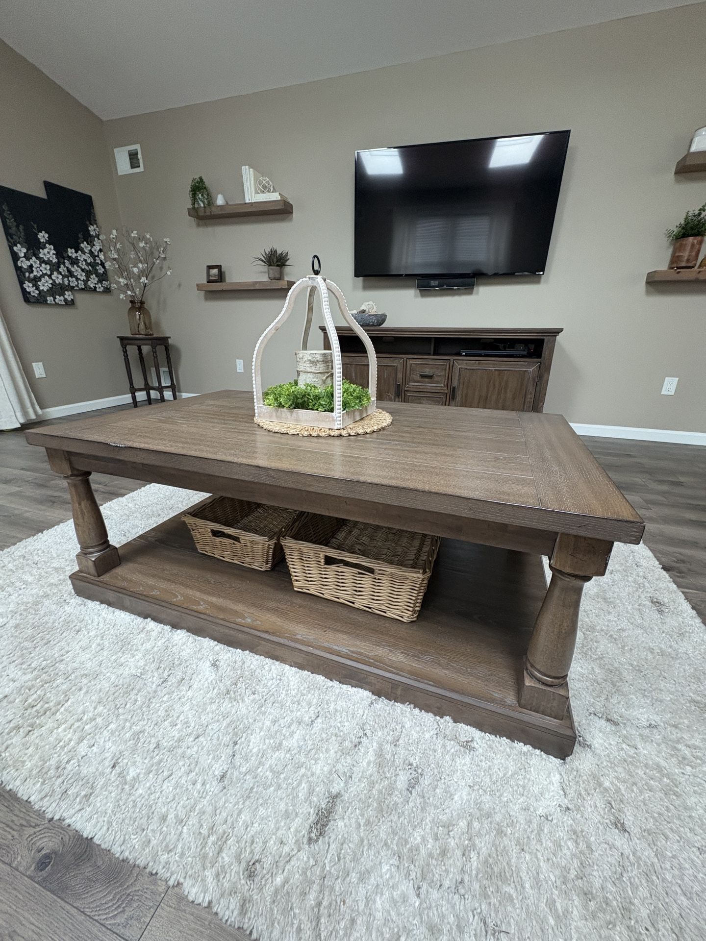 Solid Wood Coffee Table, Media Cabinet & Matching End Table Set