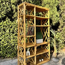 Mid Century Boho Chic Rattan Bamboo Wall Unit Book Shelf Cabinet Etagere Bookshelf 