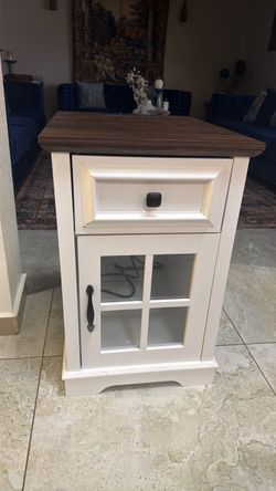 See all the pictures Farmhouse end table living room, White Side Table with Charging Station