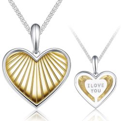 Sterling Silver Heart Pendant Necklace for Women, Double-Sided Gold Accent "I LOVE YOU" Charm, Romantic Jewelry Gift for Her