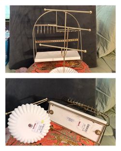 Gold Jewelry Organizer Stand + Ring Dish – 2 Piece Set