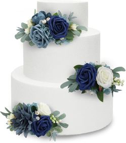 3 Pcs Premade Cake Flowers, Navy Blue Wedding Cake Decor