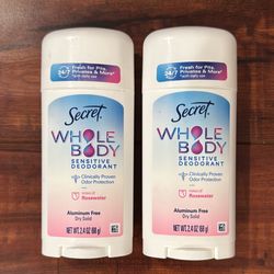Secret WHOLE BODY ALUMINUM FREE SENSITIVE Dry Solid Deodorant: Notes Of Rosewater Scent; 2.4 oz Each (2 For $18)