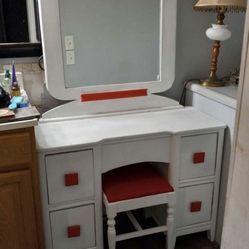 Distressed And custom Painted vanity With Matching Red Stool