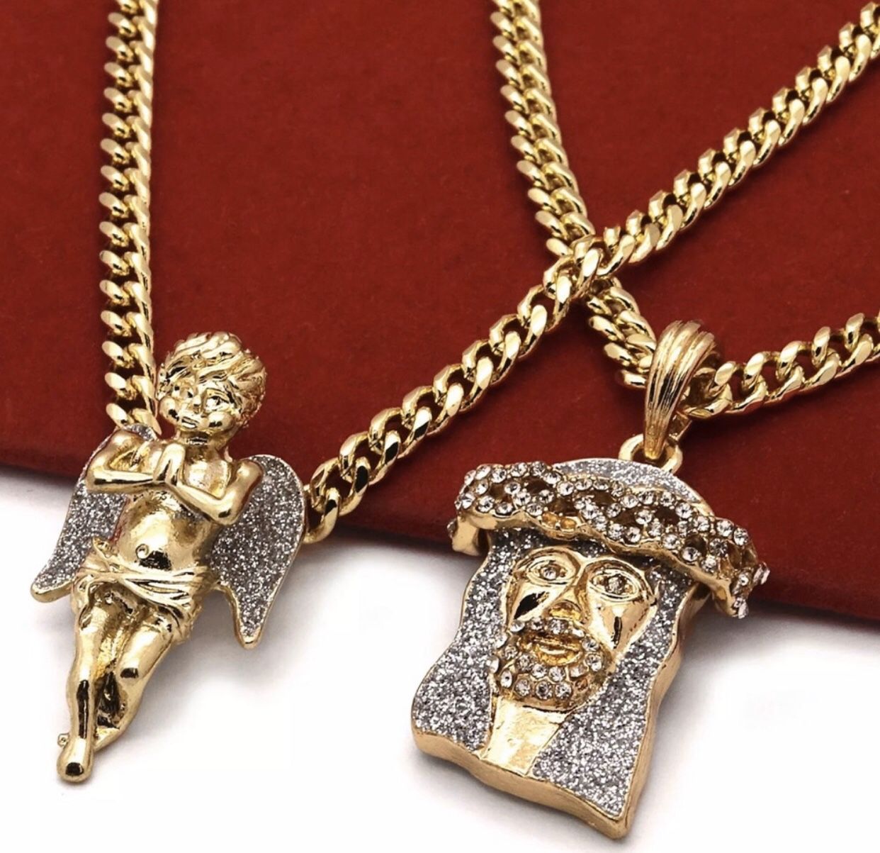 14K Gold Plated Iced Out Angel Jesus Necklace Set