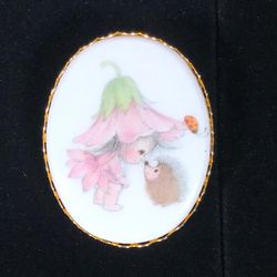 Vintage Brooch Pin Pixie Sprite Pink Flower Fairy Girl Ladybug Hedgehog Unmarked